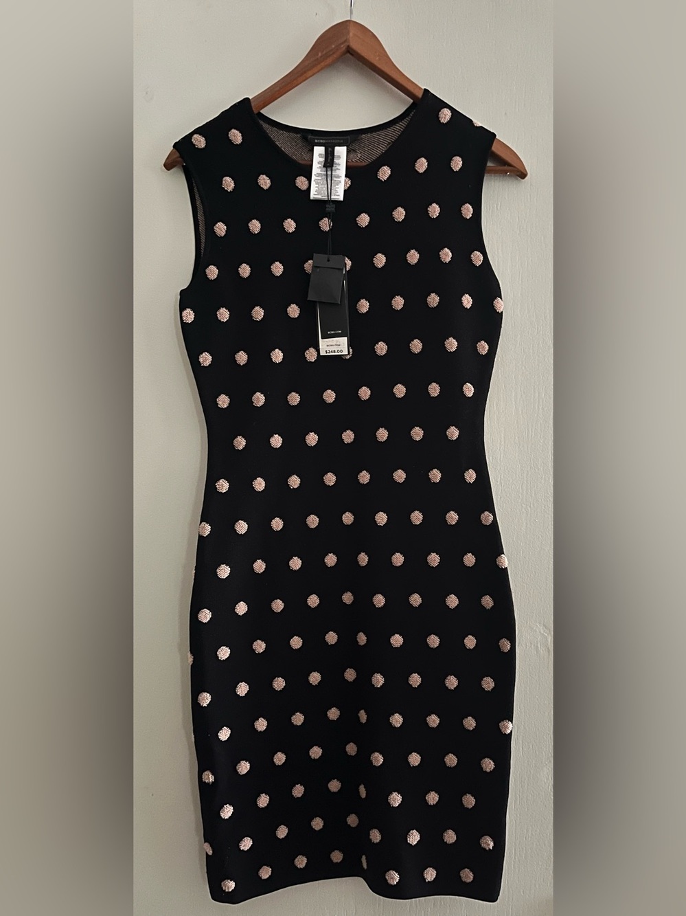 BCBG Maxazria Black/Beige Polka
Dot Sleeveless Stretch Knit Dress